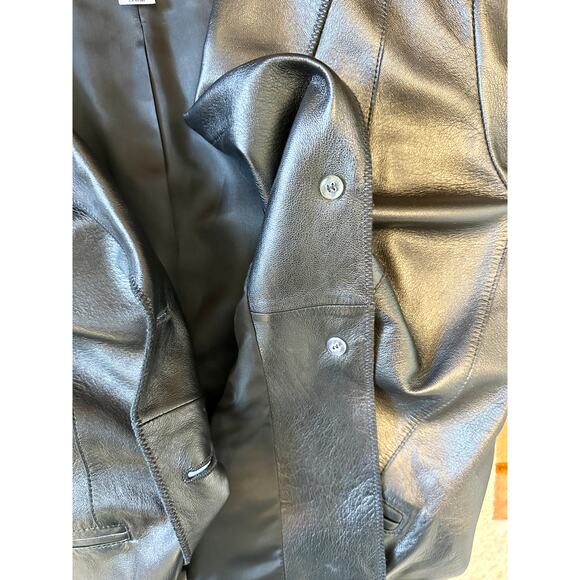 Vintage Y2K 100% Leather Black Blazer Two Button Up Minimalist Jacket Medium - Picture 10 of 12